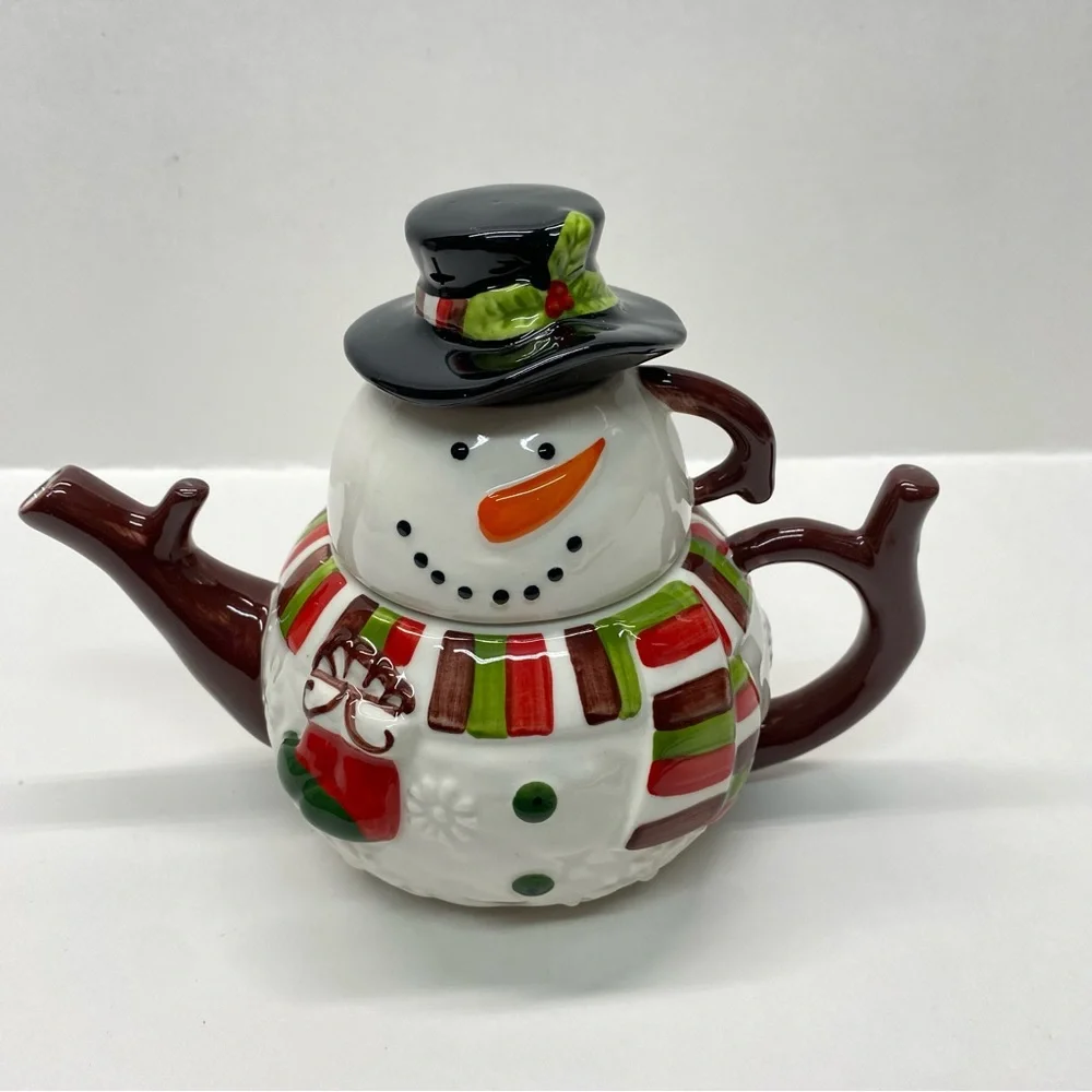 Pier 1 Imports Snowman Teapot Set w/Lid & Cup Tea for One Christmas Holiday